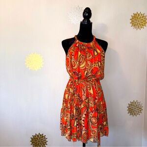 ALC NWT 100% Silk Women’s Dress‎ Abstact Orange Beige Design Chic Halter Dress